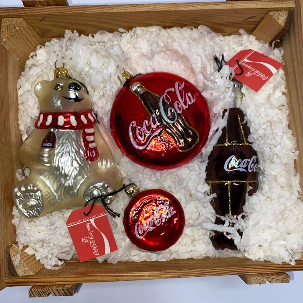 Kurt Adler Polonaise Coca-Cola Glass Ornaments • Set of 4 • VTG 1996 • With Box